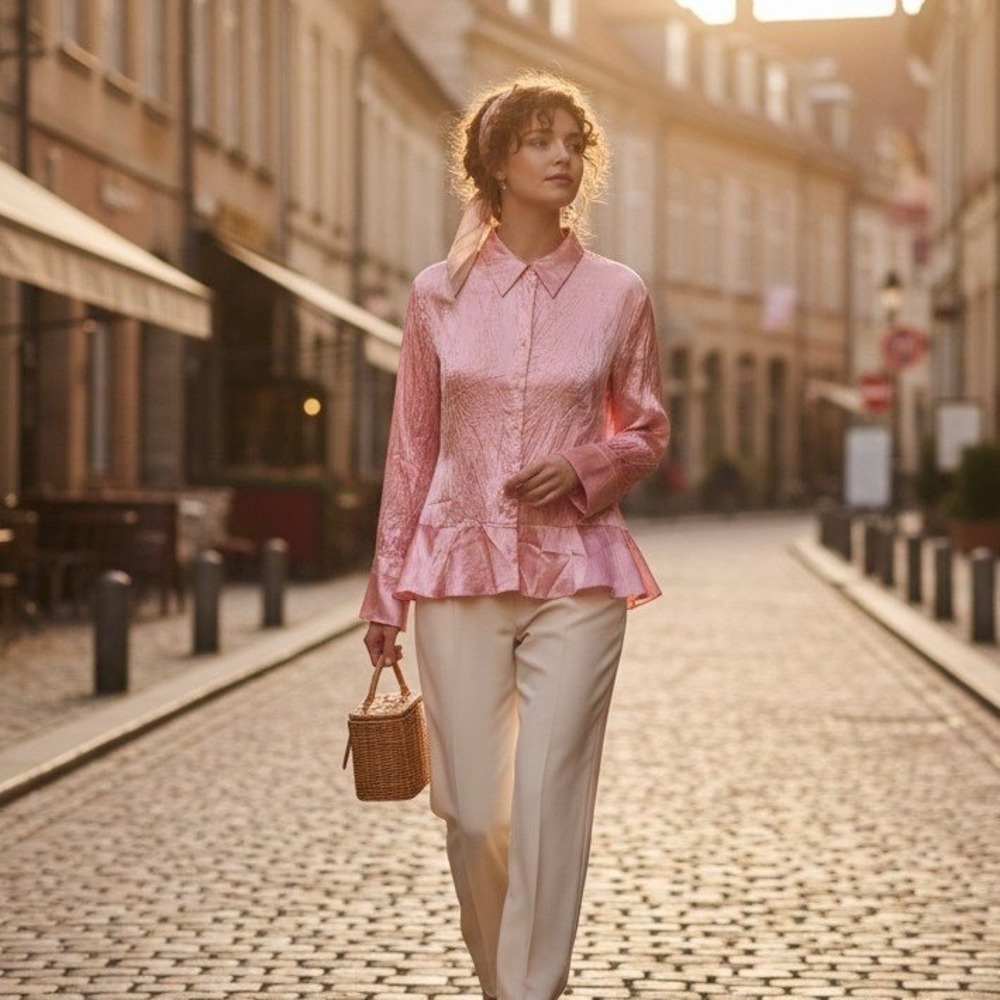 Worthington Women's 1X Pink Satin Shirt Ruffle Hem Coquette Romantic Vintage
